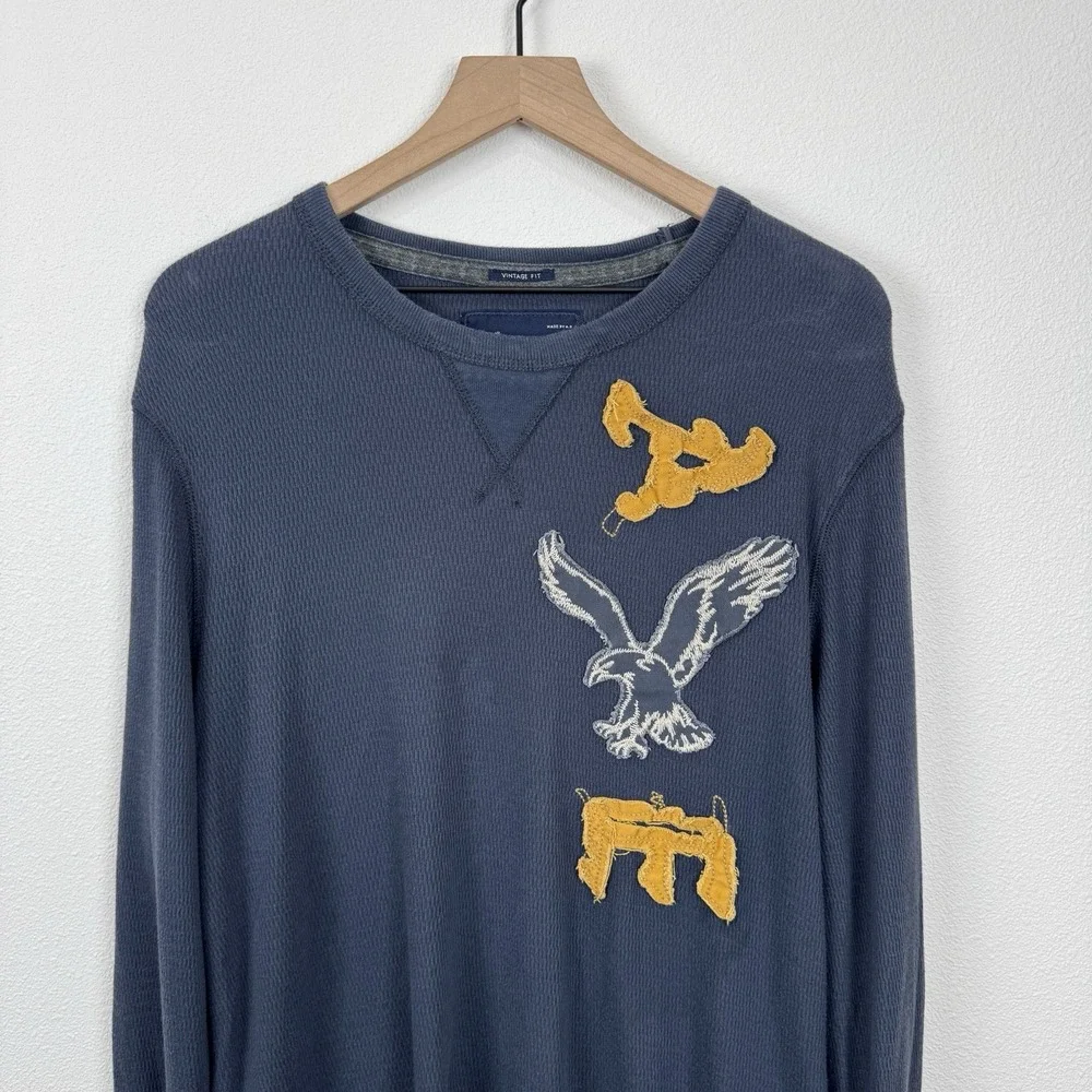 American Eagle Shirt Mens XL Blue Thermal Crewneck Vintage Fit Y2K Pullover‎